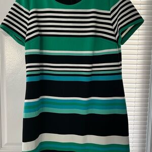 Karl Lagerfeld Teal, Green & Black Striped Short Sleeve Shift Dress